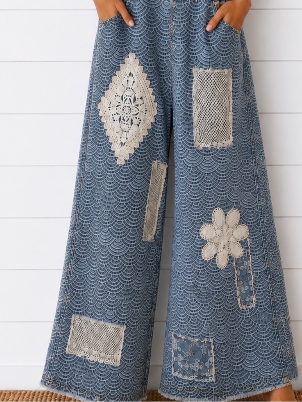 NEW POL : “The Blue Jay”Denim Overalls with Crochet Patch Accents - Picture 2 of 4